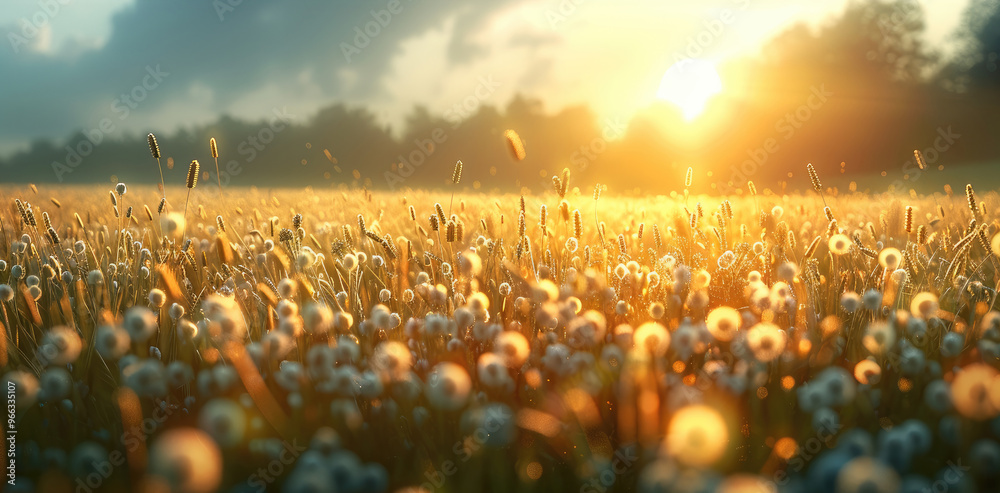 Poster A blurry summer field shines under sunlight. Generative AI.
