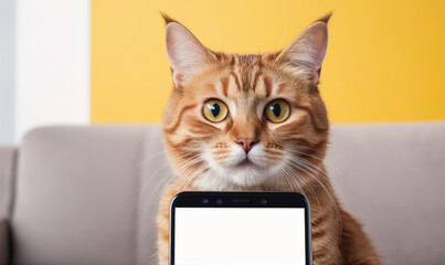 A ginger cat stares intently at the camera while holding a smartphone with a white screen