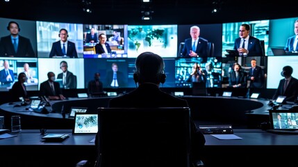 Virtual Meeting of Global Leaders on Digital Screens Discussing Pandemic Strategies