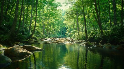 Fototapeta premium A lush green forest filled with lots of trees and a river running through it, dotted with rocks