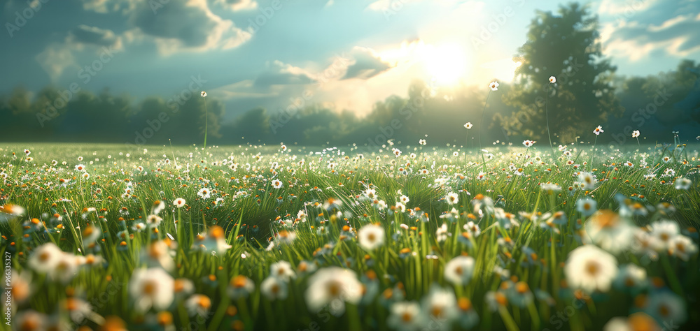 Poster a blurry summer field shines under sunlight. generative ai.