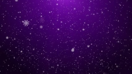 White painted snowflakes falling on a purple background with lighting from above. Animated background for the holidays Christmas and New Year.