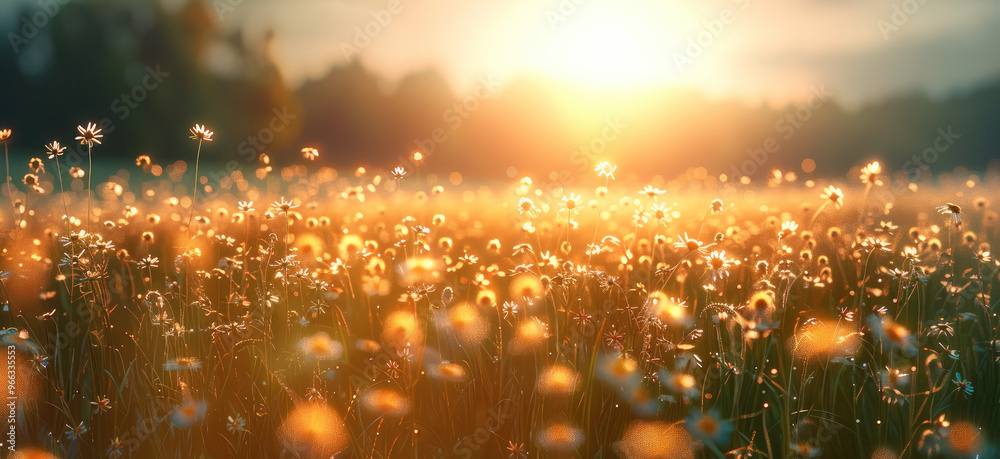 Poster a blurry summer field shines under sunlight. generative ai.