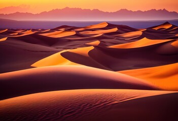 Naklejka premium vibrant sand dunes bathed breathtaking sunset views rich colors textures, desert, landscape, nature, sky, clouds, orange, pink, yellow, lighting, scenery