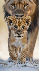 Fototapeta premium Lion Walking with Cub in Nature, Realistic Photo, Wallpaper, Cover and Screen for Smartphone, PC, Laptop, 9:16 and 16:9 Format