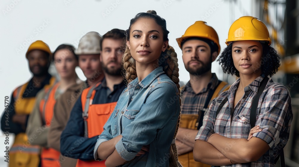 Poster Group of man and women with strong expressions of determination and unity. The group includes construction workers, teachers, laborers, and auto workers, whom represent various ethnic backgrounds.
