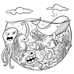Doodle Under Water Illustration Coloring Page
