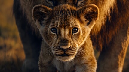 Fototapeta premium Lion Walking with Cub in Nature, Realistic Photo, Wallpaper, Cover and Screen for Smartphone, PC, Laptop, 9:16 and 16:9 Format