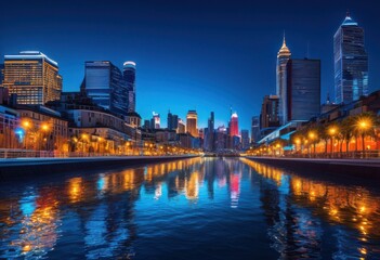 Obraz premium vibrant city skyline twilight showcasing colorful lights dynamic architecture deepening blue sky, buildings, dusk, evening, glow, horizon, illumination