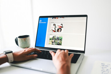 AI generative app. Chat with Artificial Intelligence software in computer at home office. Hands...