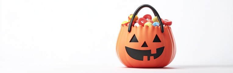A Halloween-themed pumpkin-shaped basket filled with colorful candies.