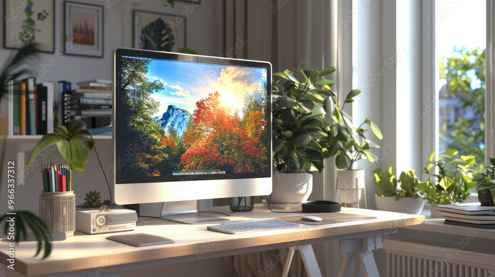 Aufkleber a workspace from home. generative ai.