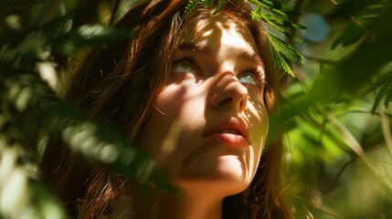 A young woman gazes up at the sun filtering through green leaves. Nature surrounds her, creating a calm and peaceful moment of reflection.