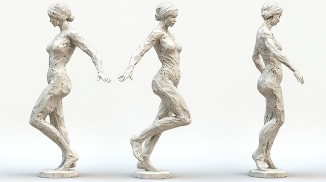 A stunning full body sculpture of woman, showcasing an ultra realistic ceramic finish. artwork captures elegance and grace of female form from multiple angles, highlighting intricate details and textu