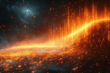 ethereal digital landscape with flowing streams of umbercolored binary code creating an abstract representation of data and technology
