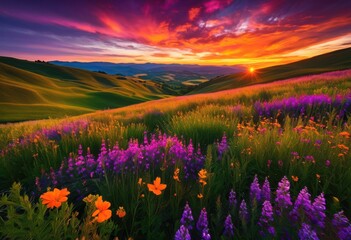 Fototapeta premium vibrant sunset illuminating rolling landscapes farmland vivid colors scenic beauty, agriculture, bright, countryside, daylight, dusk, evening, expanse