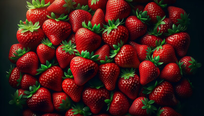 Fresh, ripe strawberries with bright red hues and green leaves, densely packed for freshness.
