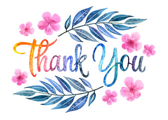  Watercolor hand drawn Thank You lettering isolated. Handwritten message. Leaves branch blue pink flowers. For print on t-shirts and bags, cards, banner, poster. Thank you card background.