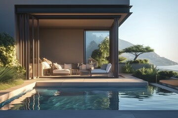 Fototapeta premium Modern living room and patio next to swimming pool