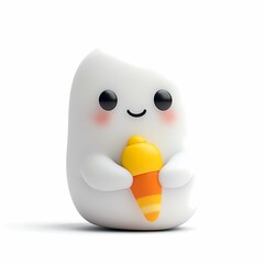 Cute Ghost Holding Candy Corn: Adorable 3D rendering of a friendly ghost with a sweet toothy grin, holding a candy corn.  Perfect for Halloween, autumn, fall, and sweet treats. 