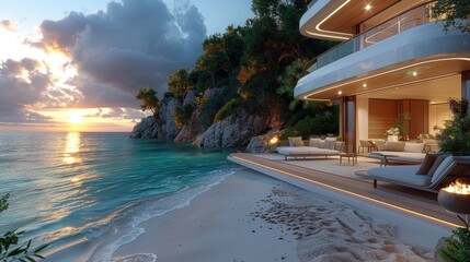 Obraz premium view of a luxury white house on the beach with a turquoise sea