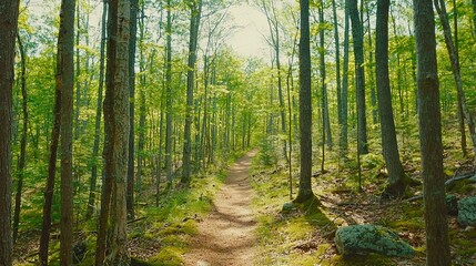 Obraz premium A dirt trail surrounded by dense woods and scattered boulders on one side