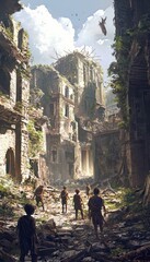 Obraz premium Resilient Children Playing Amidst Urban Ruins - Symbol of Enduring Human Spirit and Strength