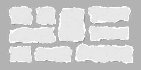 Torn Textured Paper pieces set. Paper sheet with Ripped edges. Blank Frame. Abstract Scraps shape with scratched Grainy texture. Element for notes banner collage text box social media Design