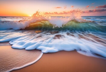 Naklejka premium breathtaking view sea waves crashing onto untouched shoreline sunrise vibrant blue water soft sandy beach, coast, ocean, foam, horizon, sunset, marine