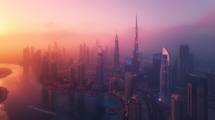 Obraz premium Stunning sunset over a modern city skyline filled with skyscrapers and winding rivers. Beauty and technology unite in harmony.