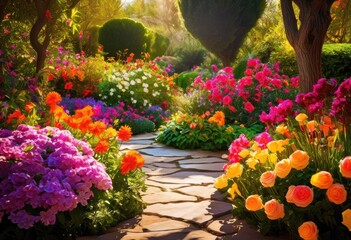 Fototapeta premium colorful garden pathways enveloped lush seasonal blooms flourishing flowers under bright sunlight, annual, aromatic, artistry, bed, blooming, botanical