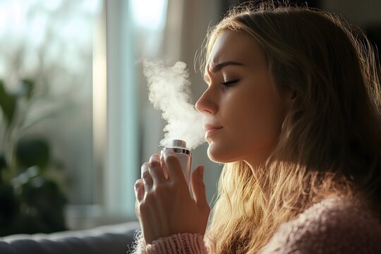 A woman uses a modern steam inhaler to relieve respiratory symptoms