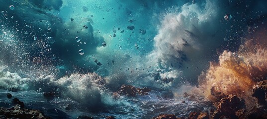 Dramatic Underwater Earthquake and Tectonic Plate Shift Creating Dynamic Seascape with Debris and Bubbles