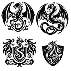 Fototapeta premium Set of black dragon emblems, vector illustration, black and white, fantasy shields decoration