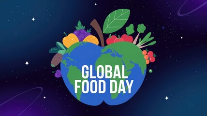Fototapeta premium Global Food Day Poster Featuring Earth in Apple Shape to Highlight the Importance of Sustainable Food Practices and Reduce Food Waste with a Creative and Informative Design