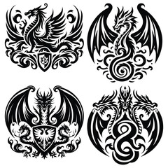 Intricate black and white dragon emblems vector illustration, tattoo design elements, fantasy art