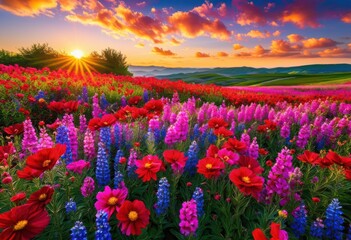 Fototapeta premium vibrant flower fields under clear azure skies showcasing colorful blossoms lush greenery picturesque landscape, bloom, petal, plant, garden, meadow, wildflower