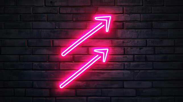  Two neon pink arrows pointing upwards in parallel on a dark brick wall, creating a futuristic, modern visual design.