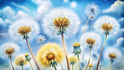 Obraz premium Field of dandelions with fluffy seeds against a bright blue sky 