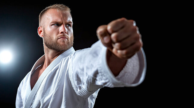 a karate instructor delivering a focused punch, with the folds of his gi moving subtly with the force of the strike