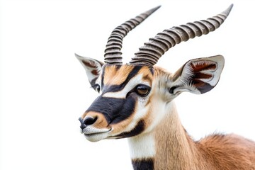 Fototapeta premium regal blackbuck antelope stands tall, displaying its beautiful spiral horns and slender physique, set against an immaculate white background, capturing its grace and elegance.