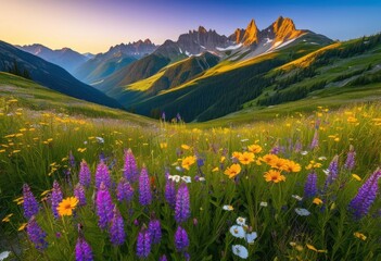 Obraz premium vibrant wildflower meadows showcasing breathtaking mountain views under clear blue sky, adventure, altitude, beauty, bloom, botanical, bright, colorful