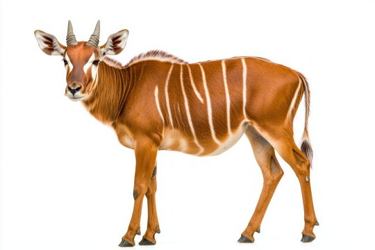 elegant bongo antelope exhibits its rich reddish coat, adorned with bold white stripes, while standing poised against a pristine white background, emphasizing its unique features.