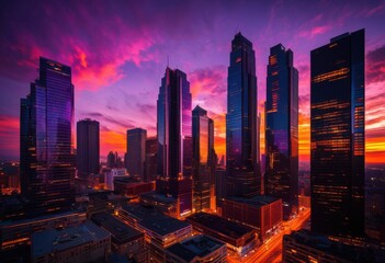 Fototapeta premium vibrant city skyline sunset showcasing vivid colors dynamic silhouettes beautiful gradient sky, horizon, buildings, urban, landscape, evening, architecture