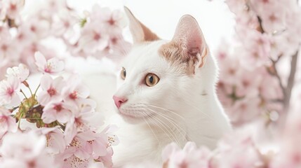 Delightful Japanese Bobtail Cat Amidst Cherry Blossoms in Bloom