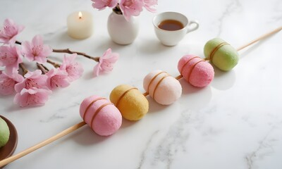 Homemade Hanami Dango Served on White Desk with Plate, Generative AI