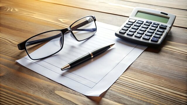 A blank government form with a pen and pair of glasses resting on top, surrounded by scattered papers and a calculator on a wooden desk surface.