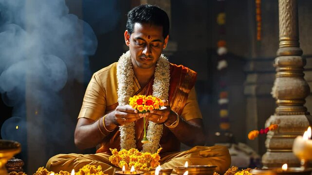 A devotee performs a sacred ritual in a temple, carefully offering flowers and lighting incense