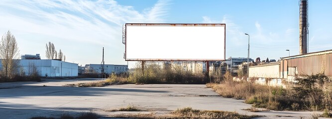 Obraz premium 10. A billboard in an industrial area with warehouses and machinery in the background, featuring a pristine white space