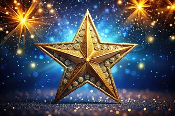 A bright, shiny five-pointed star with intricately designed edges and a bold, golden center, set against a dark blue background with scattered tiny stars.